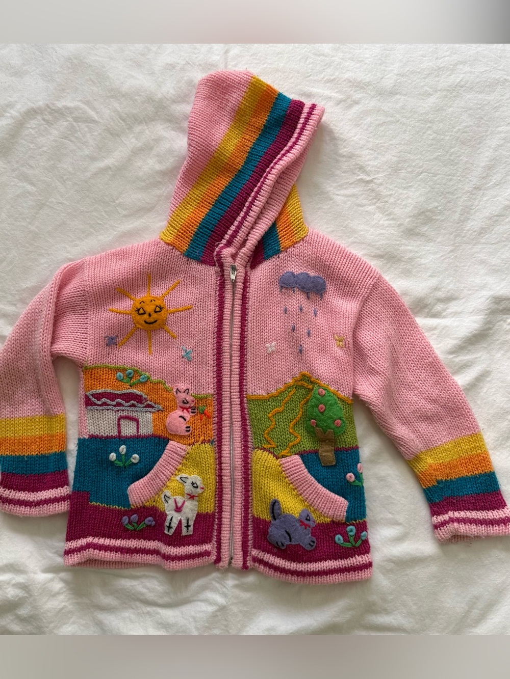 Pink Hand-Knit Hooded Sweater with Rainbow Accents